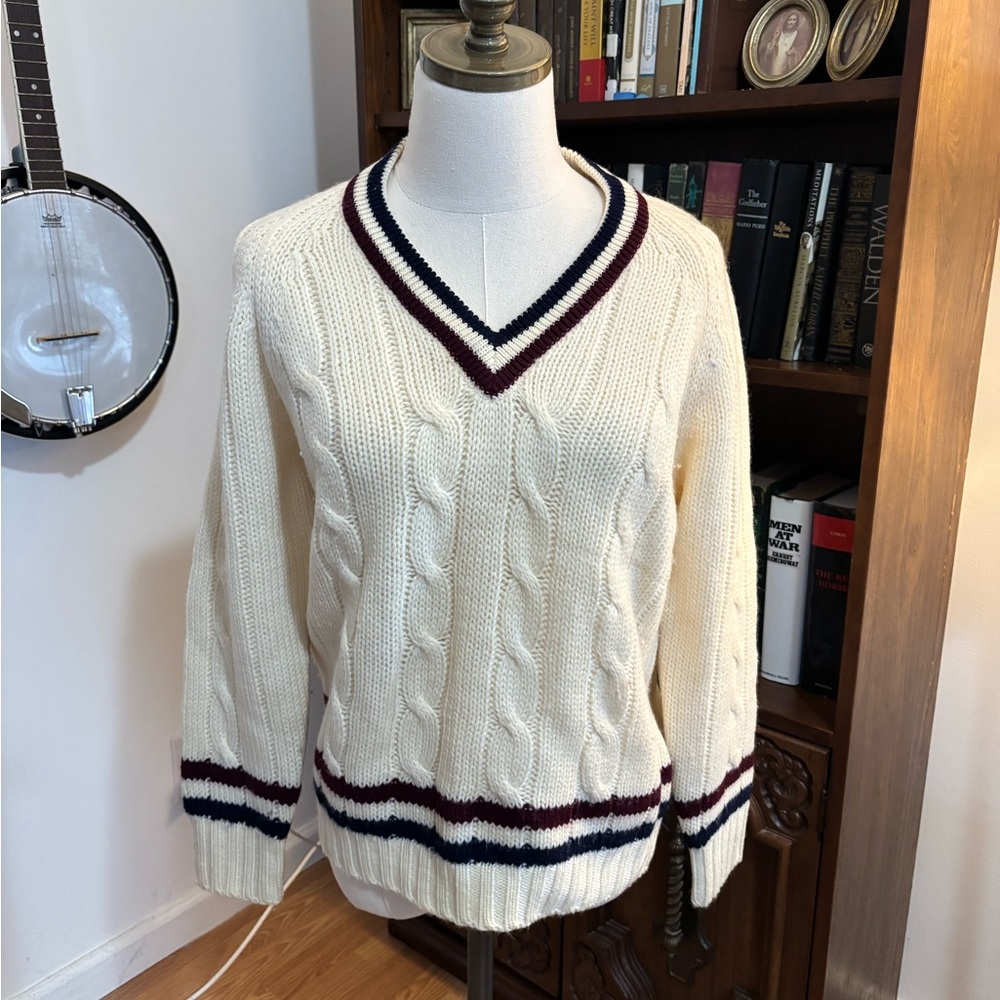 VTG Hand Loomed Virgin Wool Cable Knit Tennis Sweater Ivory Burgundy SZ Medium